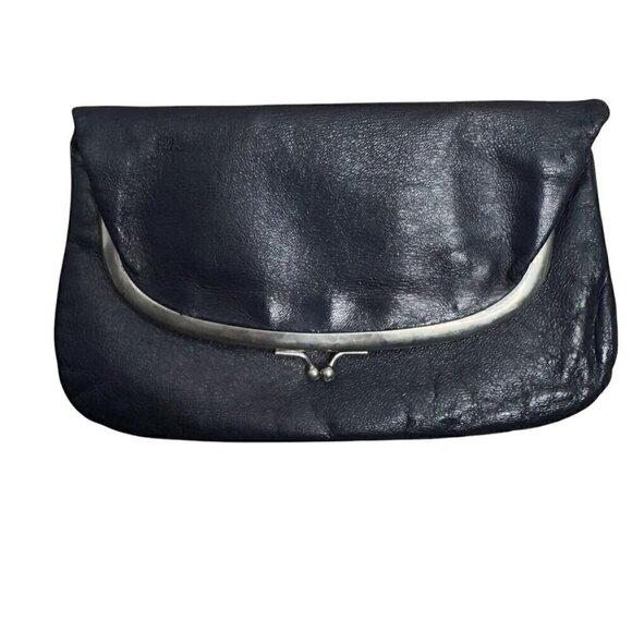 VTG 50s Navy Kiss Lock Snap Leather Hand Bag Purse Silvertone Chain Strap Women - Picture 7 of 9